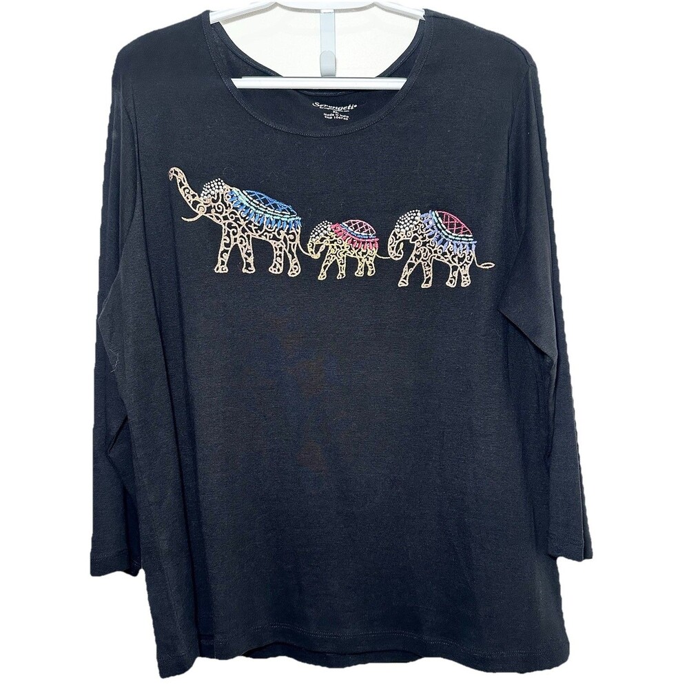 Serengeti Elephant Graphic Tee XL Black Embellished 3/4 Sleeve Boho Embellished